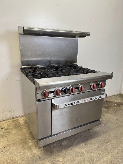 American Range 6 Burner Gas Range w/Oven Below & Overshelf