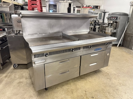 Imperial 72” Combination Range 36” Thermostatic Griddle & Grooved Griddle, 4 Drawer Refrig Chef Base