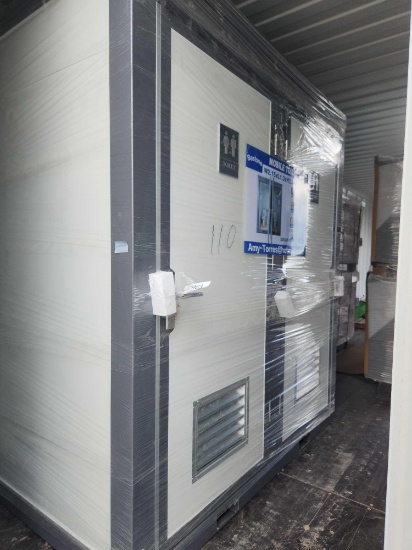 UNUSED BASTONE PORTABLE 110VOLT RESTROOM 2 STALLS W/ TOILET, SINK, LIGHTS & PAER TOWELL HOLDER