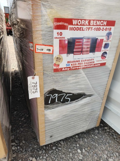 UNUSED STEELMAN 7' WORK BENCH W/ 10 DRAWERS & 2 CABINENTS RED