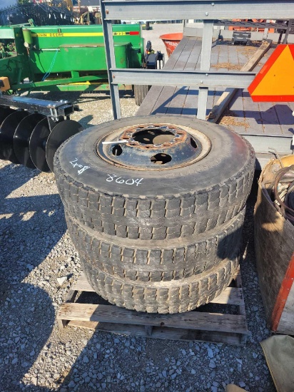 3- DUNLOP 10.00-R20 RADIAL TIRES W/ 10 LUG RIMS (3X=$)