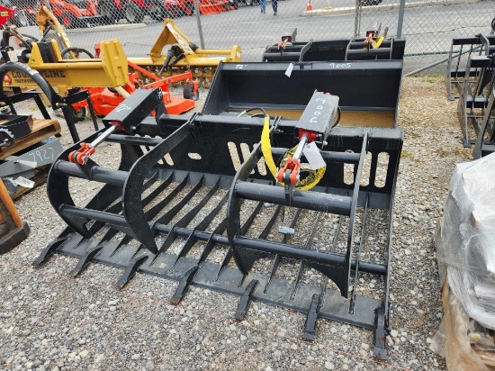UNUSED MID STATE SKID STEER 72" DOUBLE CYLINDER ROCK BUCKET GRAPPLE W/ TOOTH BAR W/ HOSE & FITTING