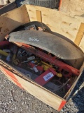 CRATE OF MASSEY FERGUSON LIFT ARMS, HYDRAULIC CYLINDER & MISC PARTS W/ VICON TARP (1 MONEY)