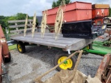 7'X14' FLAT BED HAY WAGON W/ HEADBOARD W/ JOHN DEERE MODEL 965 5 TON RUNNING GEAR
