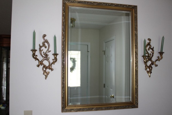 Very Nice Large Ornate Beveled Mirror With Candleholders