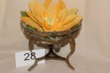 Footed Glass And Brass Bowl With Water Lilly
