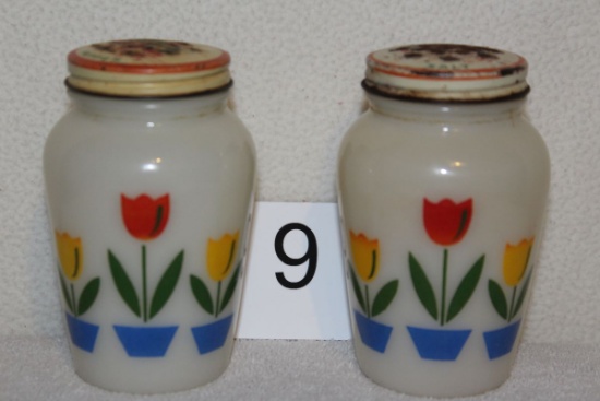 Vintage Fire King Salt And Pepper With Lids
