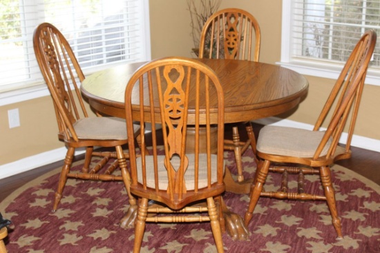Solid Oak Claw Foot Pedestal Dining Table And Chairs With Leafs