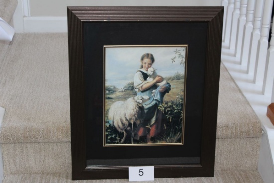 Nice Framed Girl With Sheep Print