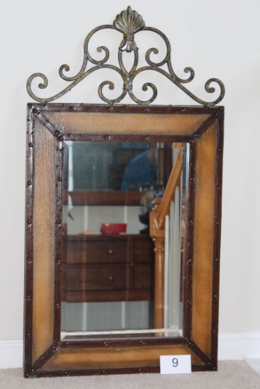 Large Ornate Wood Framed Beveled Wall Mirror With Leather Accents