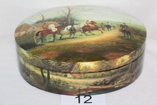 Lidded Glossy Oval Storage Box With Equestrian Scene