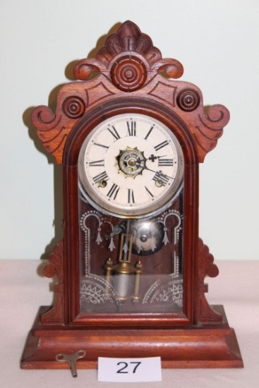 Antique Key Wind Wooden Mantle Clock