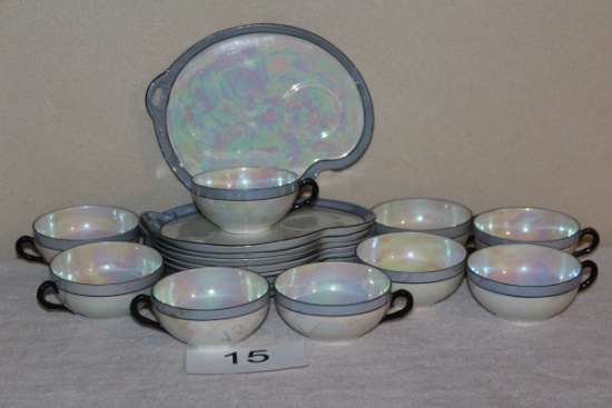 Vintage Iridescent Bavaria "Oremont" Lusterware Bone China Snack Plates W/Matching Cups