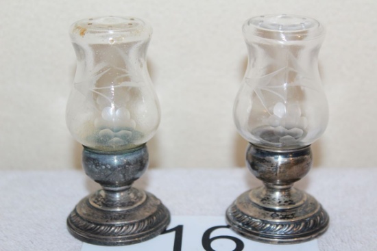 Early Sterling Silver Etched Glass Salt & Pepper Shakers