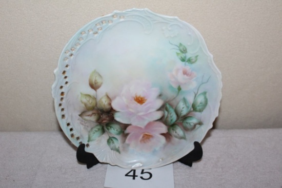 Vintage Hand Painted Plate W/Roses Signed By Artist