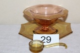 Vintage Amber W/Gold Trim Footed Glass Bowl, Dish & Ladle