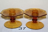 Vintage Amber Glass Candlesticks W/Wax Catcher