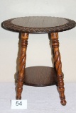 Vintage Solid Wood Ornate Round Table/Stand With Bottom Shelf