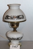 Currier & Ives Milk Glass Lamp W/Painted Farm Scene