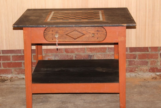 Vintage Solid Wood Table With Checkerboard Top