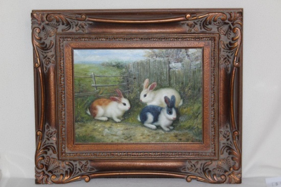 Gorgeous Ornate Wood Frame W/Rabbit Oil On Canvas