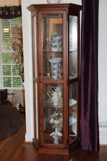 Oak Lighted Curio Cabinet W/Glass Shelves & Mirror