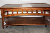 NICE Craftsman Style Wood Coffee Table W/Slate & Tempered Glass Insert On Wheels