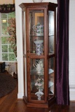 Oak Lighted Curio Cabinet W/Glass Shelves & Mirror