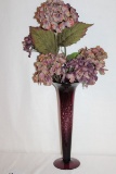 Tall Flared Top Vase Purple Glass Vase W/Faux Hydrangeas
