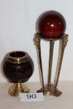 Decorative Ruby Red Orb On Pedestal W/Candle Holder