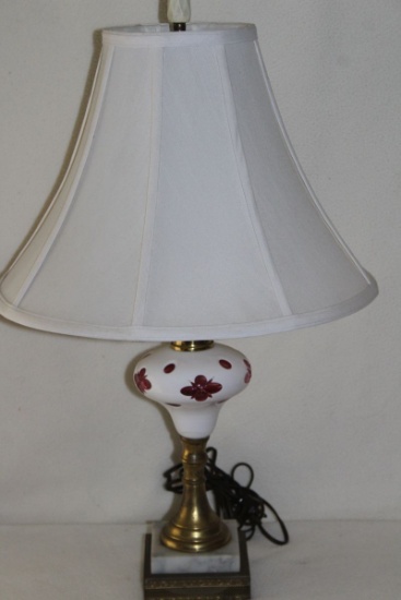 Vintage White Overlay Cut To Cranberry Czech Lamp