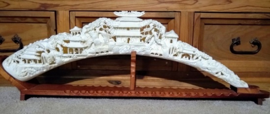 Vintage 31" Replica Faux Carved Tusk W/Detailed Oriental Scene W/Custom Made Wood Base
