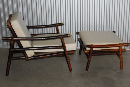 1950's Ficks Reed Co Rattan Lounge Club Chair & Ottoman Inspired By John Wisner "Campaign Style"