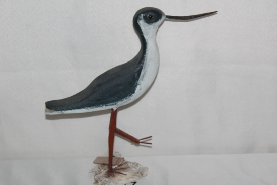 Hand Carved & Painted Wood Shore Bird On Oyster Shell By Al Schatzle