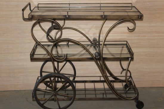 Tall 3 Tier Wrought Iron Rolling Cart W/Glass Shelves