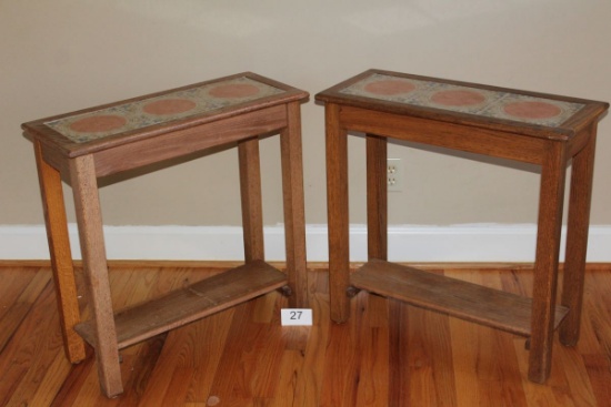 Skinny Solid Oak Side Tables W/Tile Inserts