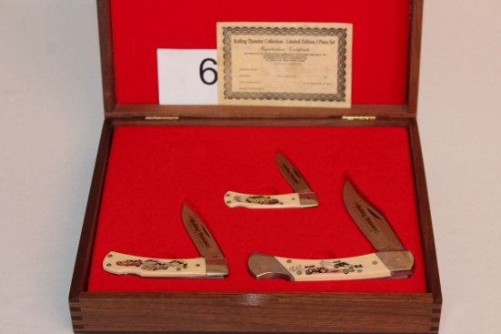 Schrade Cutlery "Rolling Thunder" Limited Edition 3 Piece Knife Set W/Carved Presentation Case