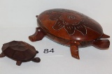 Large Solid Wood Carved Turtle W/Smaller Wood Turtle Trinket Boxes