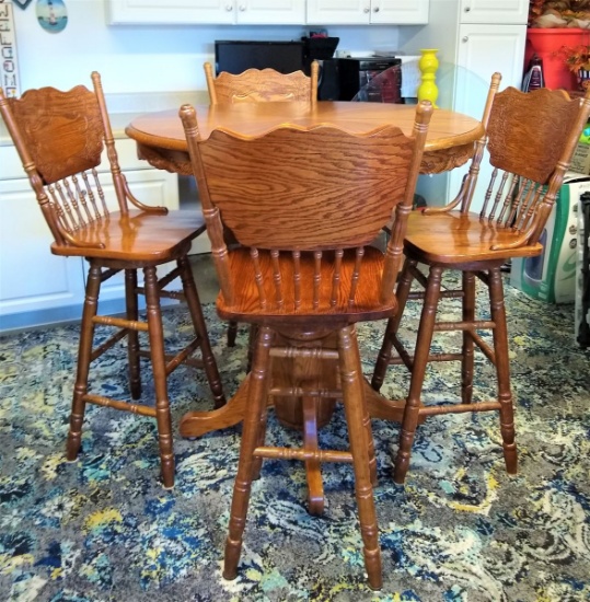 Solid Oak Pedestal Pub Table W/Swivel High Back Chairs