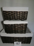 Trio Of Woven Wood Storage Baskets W/Fabric Inserts