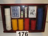 Poker Set In Wood Case W/Plastic Slide Top