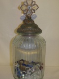 LARGE Decorative Ribbed Glass Jar W/Ornate Top & Filling