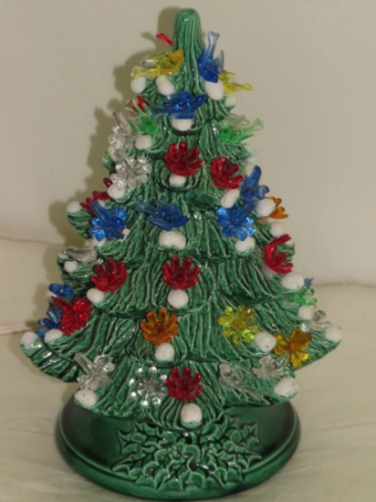 Vintage 10"H Lighted  Christmas Tree W/Birds & Flowers