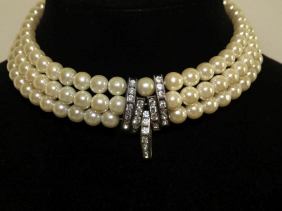 Exquisite 3 Strand Pearl Choker W/Clear Center Stones