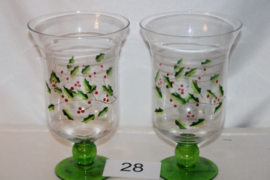 Nice Tall Footed Berry Themed Glass Vases W/Etched Trim
