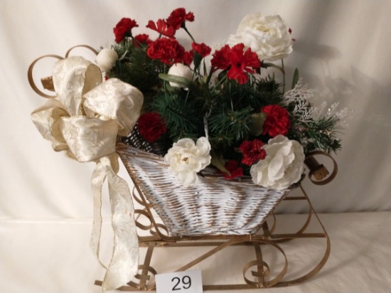 Large Wicker & Metal Sleigh Full Of Faux Greenery & Carnations