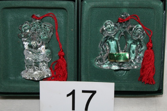 Waterford Crystal "Monkeys" & "American Santa" Ornaments In Original Boxes