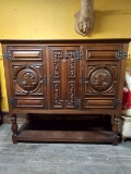 Handsome Spanish Style Cabinet W/Conquistador Door Carvings