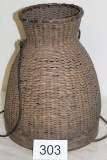 Handmade Tall Basket W/Leather Twined Carry Straps From Thailand