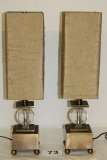 Pair Of Mid-Century Master Crafted Clear Ball Lamps W/Textured Fabric Shades